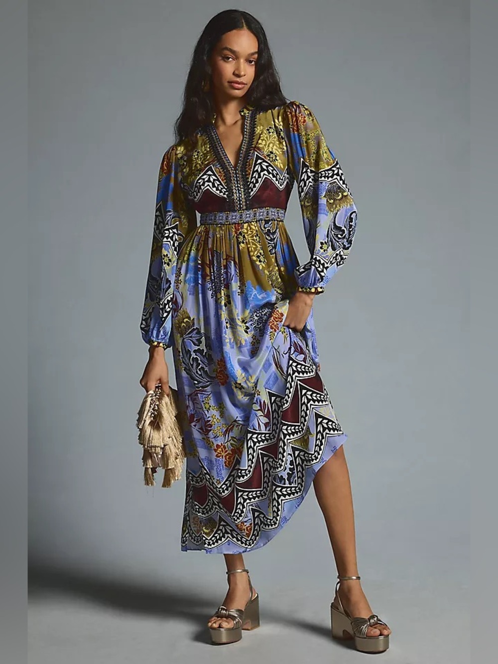 Anthropologie Bhanuni Jyoti Patterned Maxi Dress Green Blue Size 8 Sundress
